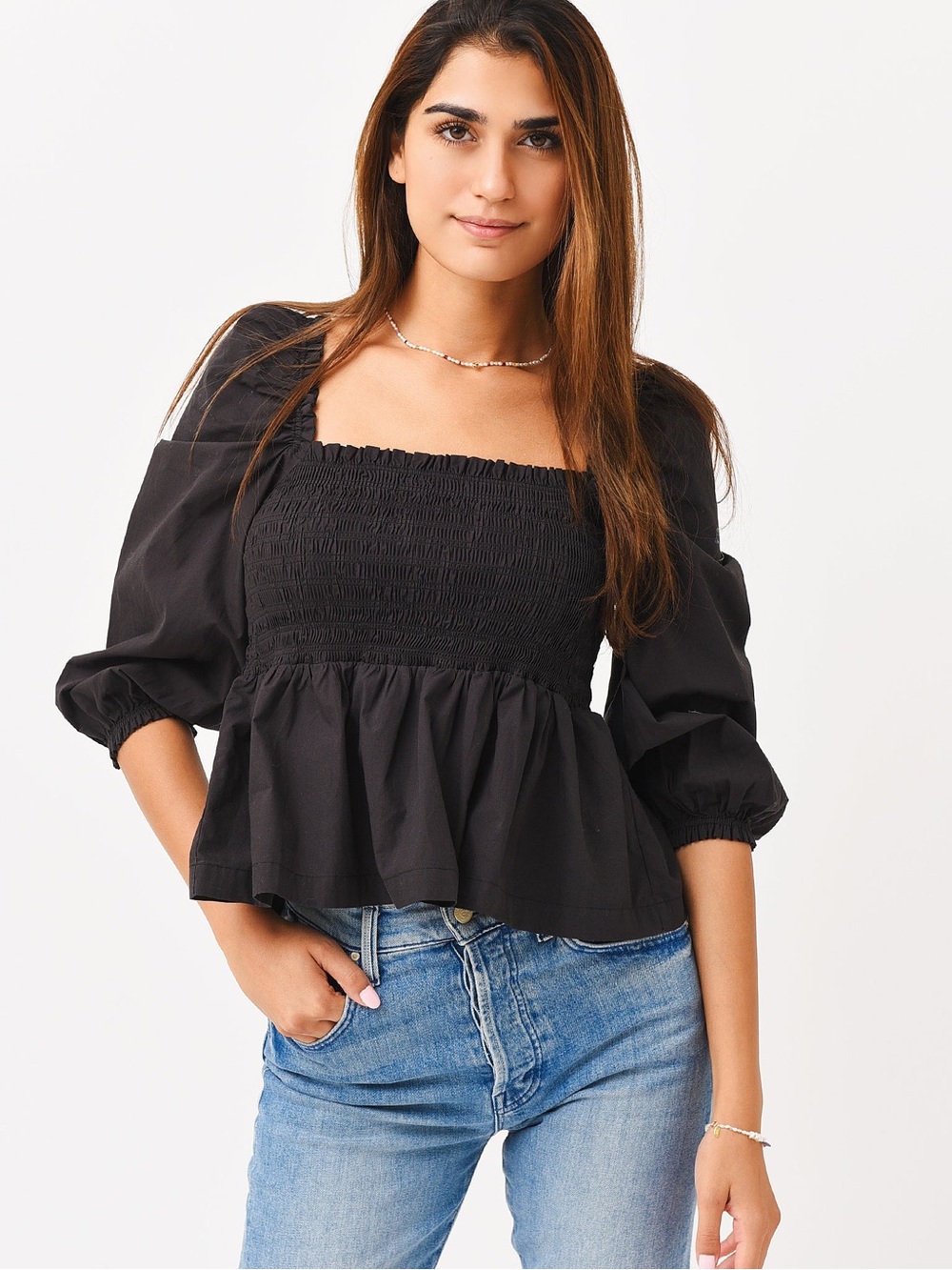 Trovata Birds of Paradise Black Smocked Square-Neck Puff Sleeves Peasant Top XS